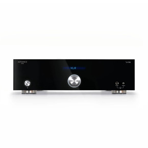 - Advance Paris X-P700 stereo preamplifier — front view showing 10mm black methacrylate panel, single rotary knob, and dual headphone jacks -