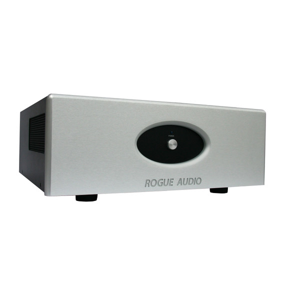 Side of silver Rogue Audio Stereo 100 dark amplifier