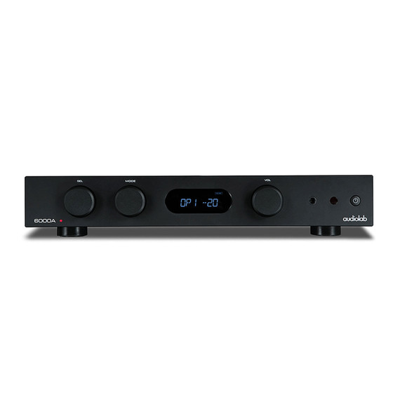 Audiolab 6000A integrated amplifier in black with OLED display and rotary controls