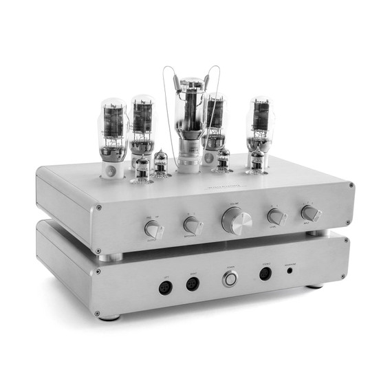 Angled view of Woo Audio WA33 Headphone Amplifier and Preamplifier in silver