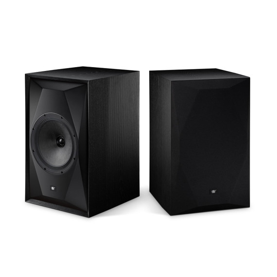 MoFi Electronics SourcePoint 10 Master Edition loudspeaker in Satin Black Ash finish, front view showing concentric driver