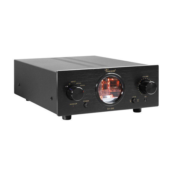 Right angled view of the Vincent Audio SV 200 Hybrid Integrated Amplifier in Black, tubes are glowing orange.