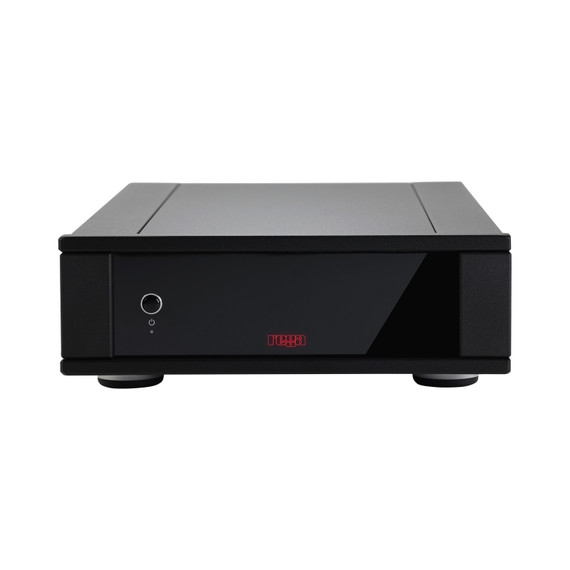 Rega AOS MC moving coil phono stage front view in black aluminum chassis