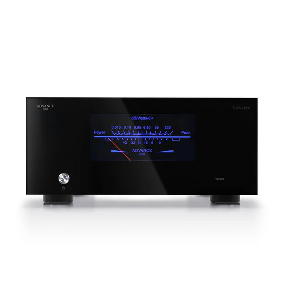 Advance Paris X-A220 EVO monoblock power amplifier — front view with illuminated VU meter and methacrylate panel; rear panel showing RCA and XLR inputs, speaker binding posts