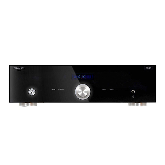 Advance Paris X-i75 integrated amplifier — front view showing black glass panel, large aluminum control knob, headphone jack, and standby button