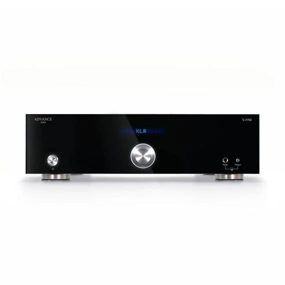 - Advance Paris X-P700 stereo preamplifier — front view showing 10mm black methacrylate panel, single rotary knob, and dual headphone jacks -