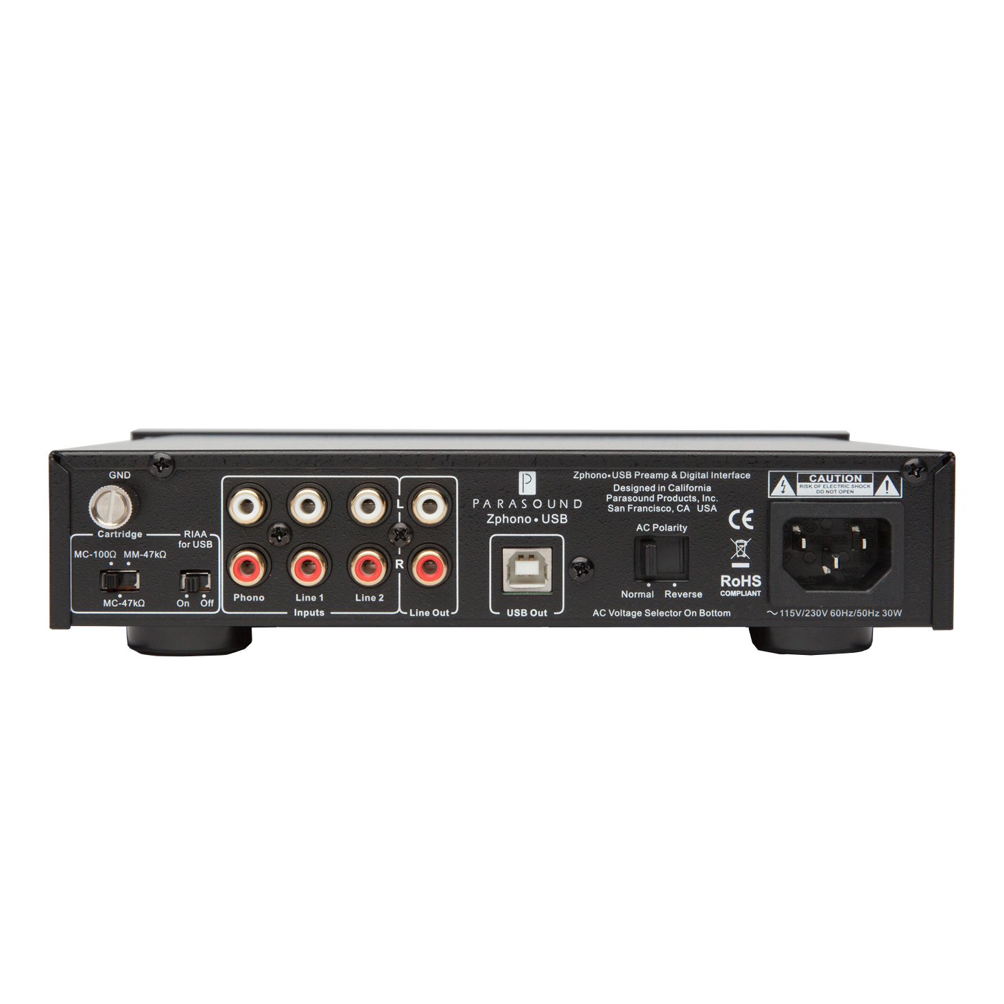 Back of Parasound Zphono MM/MC Phono Preamplifier with USB