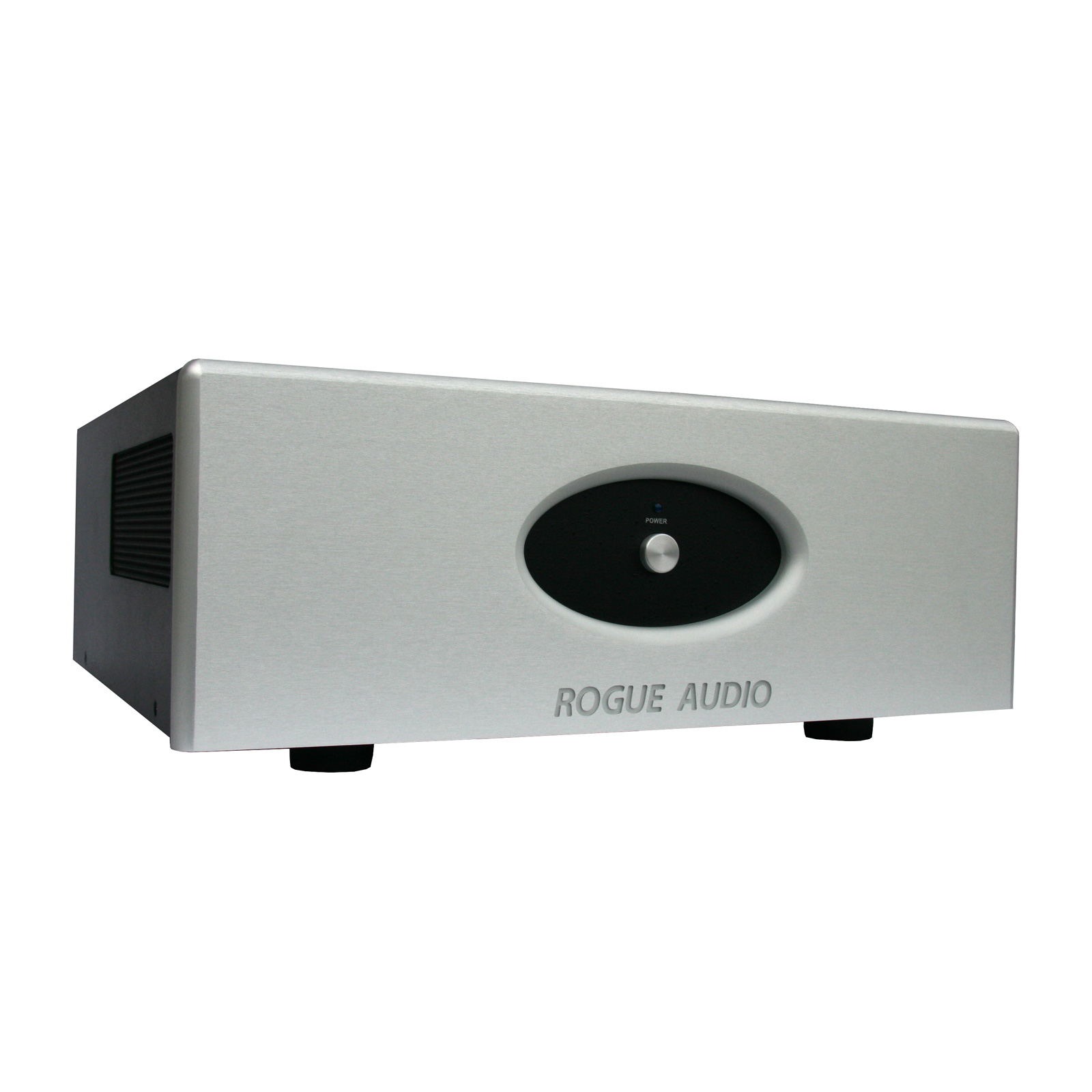 Side of silver Rogue Audio Stereo 100 dark amplifier