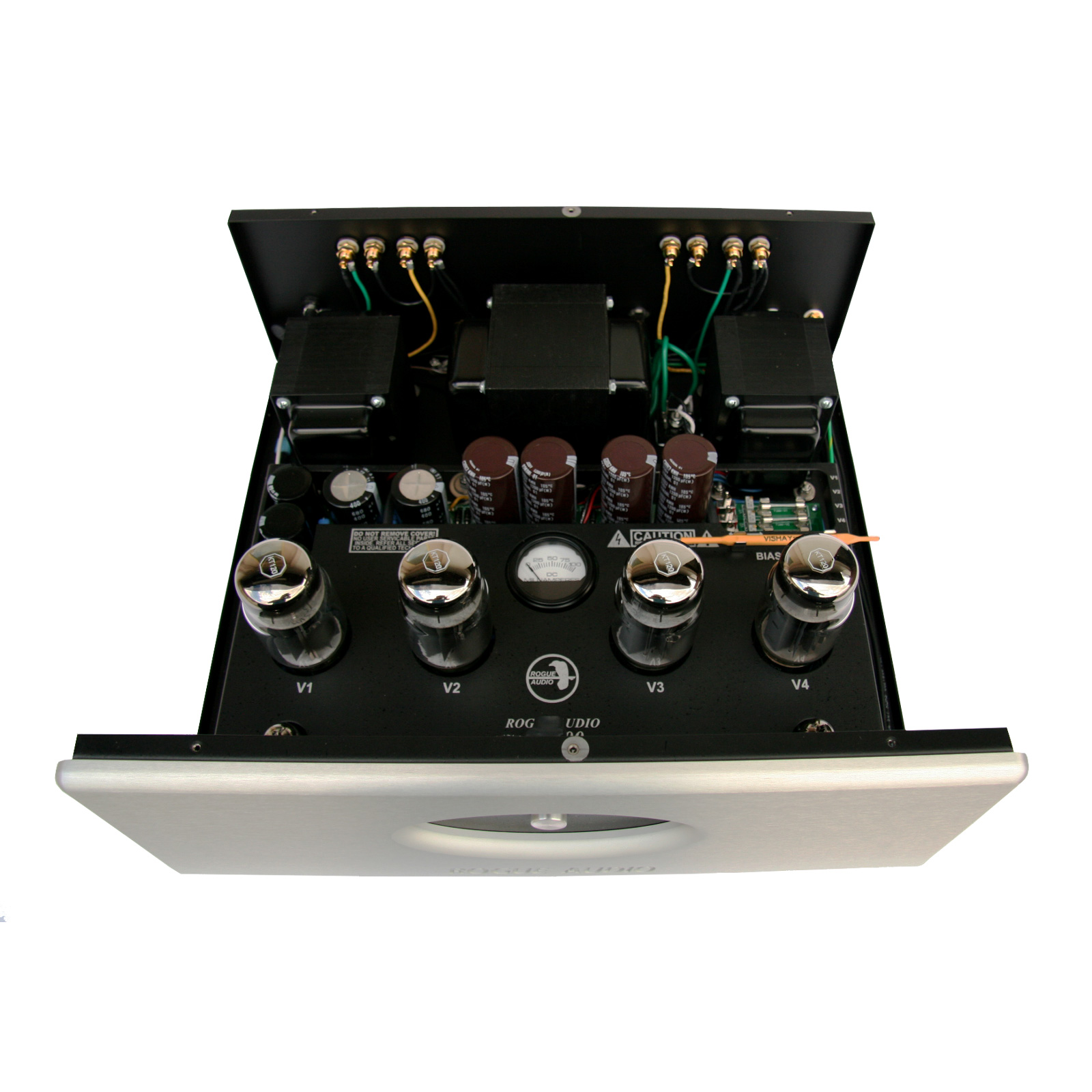 Interior of silver Rogue Audio Stereo 100 dark amplifier