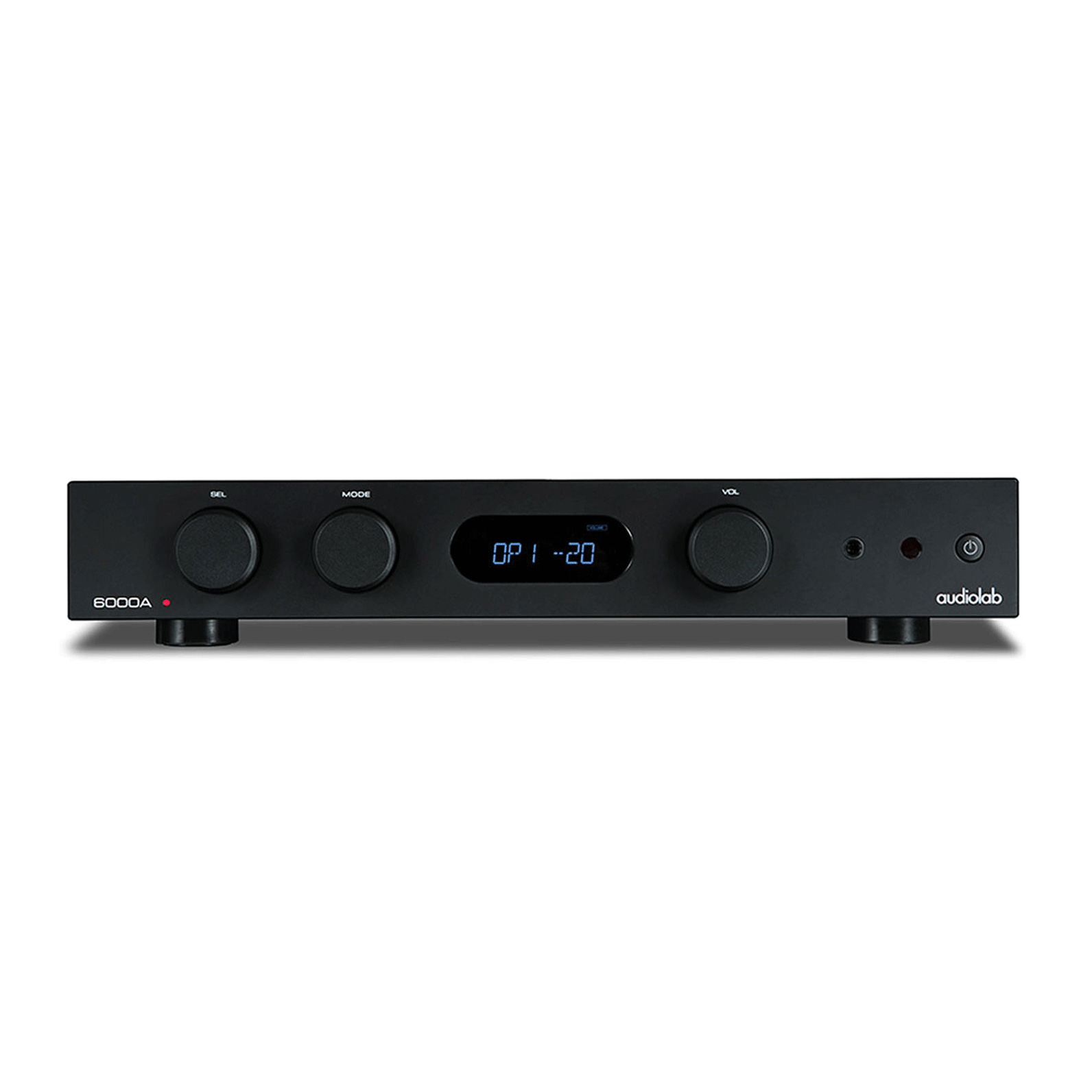 Audiolab 6000A integrated amplifier in black with OLED display and rotary controls