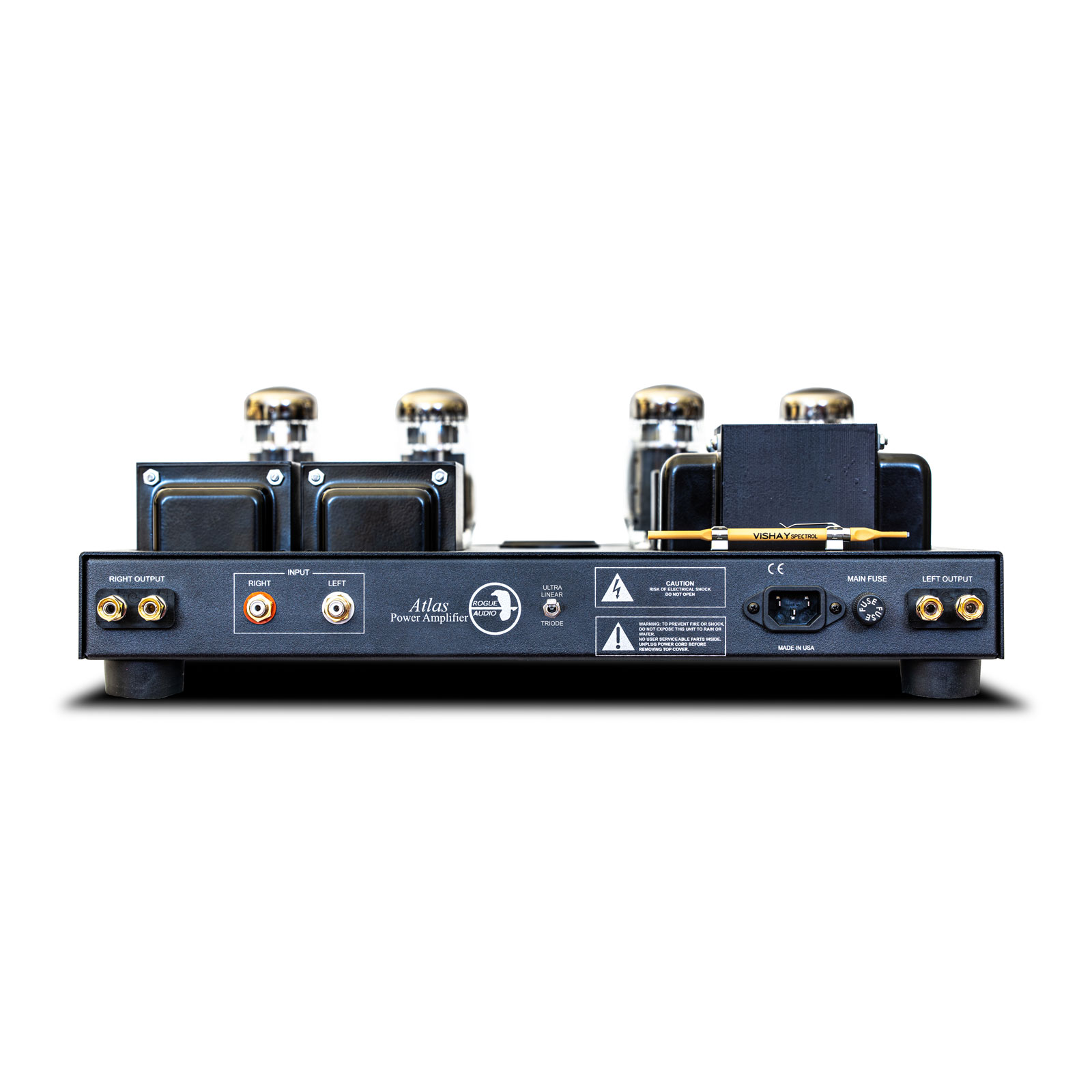 Back of black Rogue Audio Atlas Magnum III power amplifier