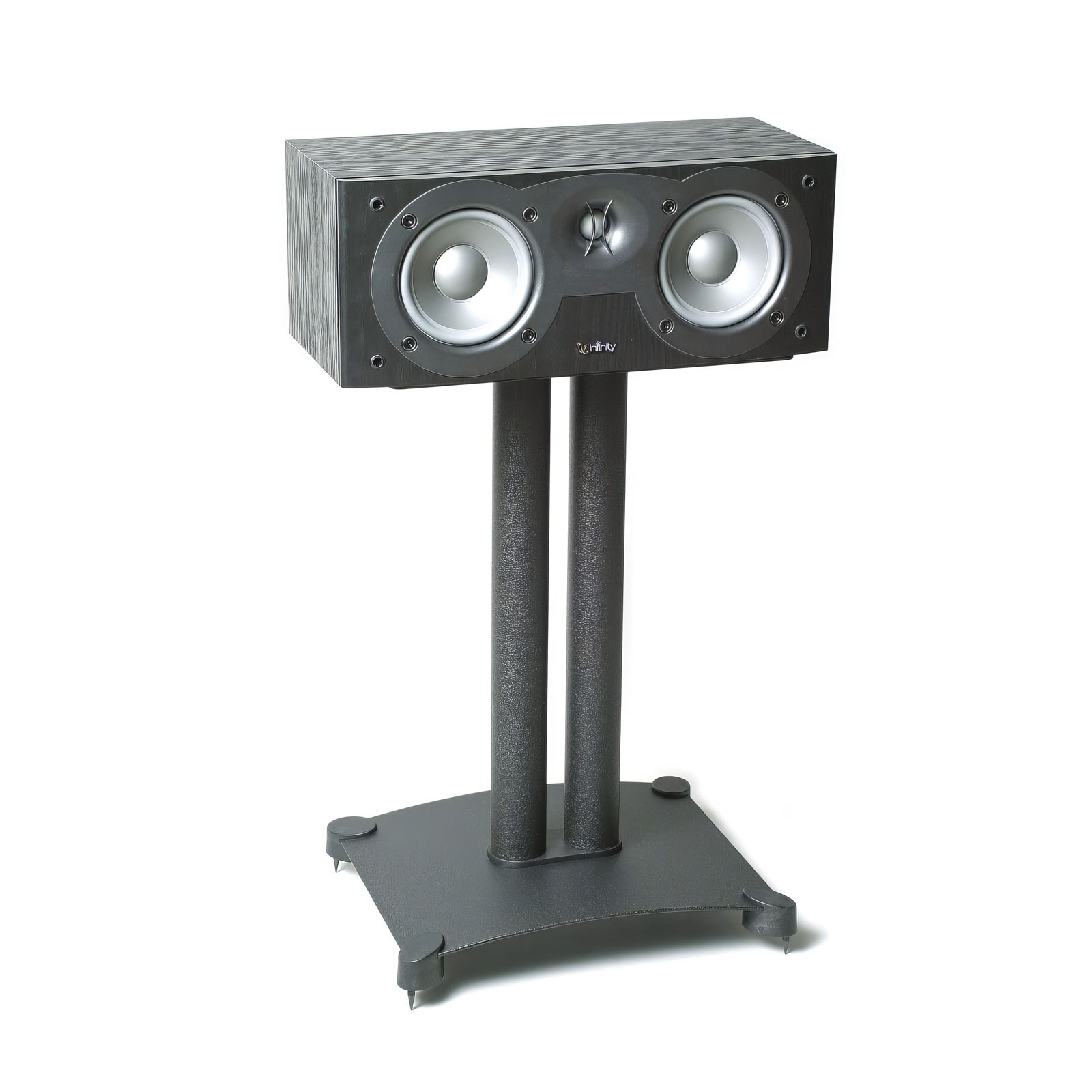 Right angled view of the Sanus Steel Foundations Center Channel Speaker Stand with speaker