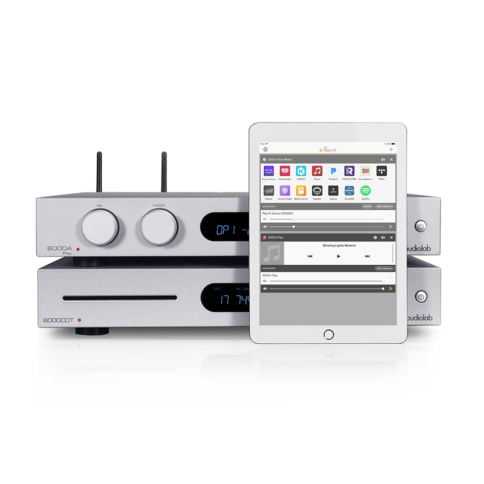 Full display of audiolab 6000A Play Integrated Stereo Amplifier Silver with Ipad