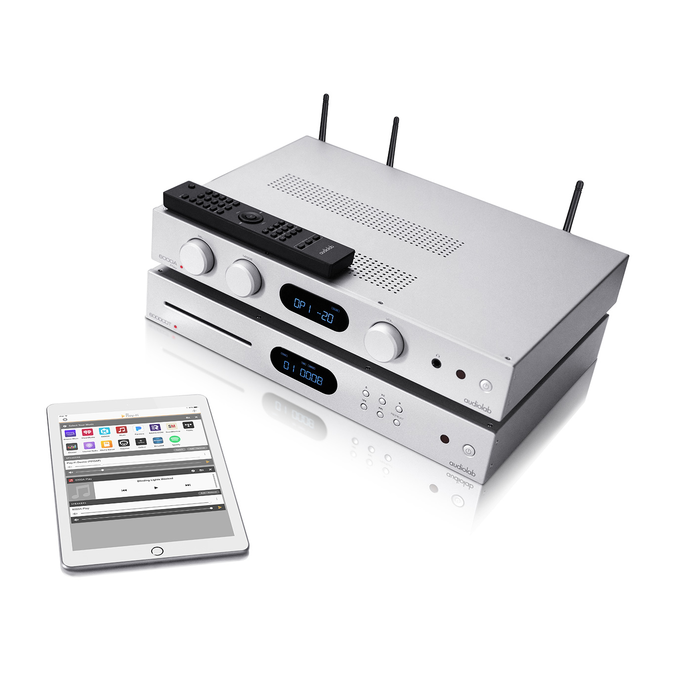 Full display of audiolab 6000A Play Integrated Stereo Amplifier Silver with Ipad and remote