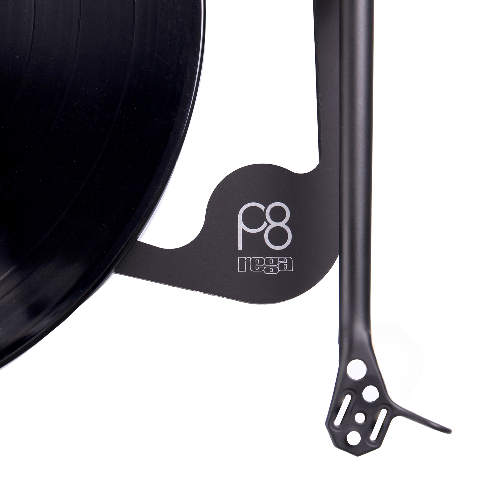 Top down detail view of the Rega Planar 8 turntable's tonearm