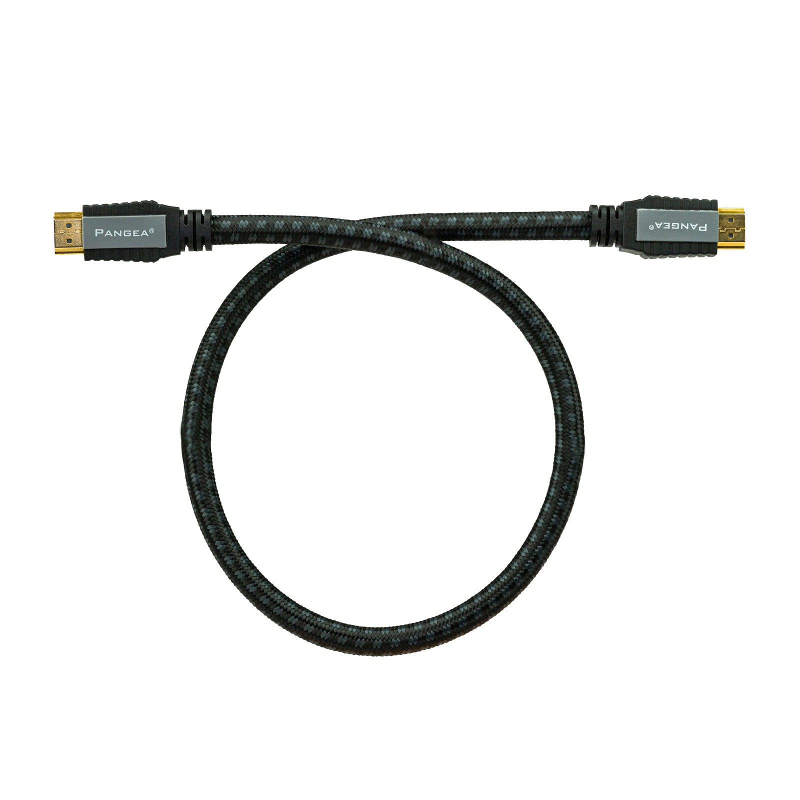Pangea premium HDMI cable in circular coil layout showing braided black cable and gold-plated connectors