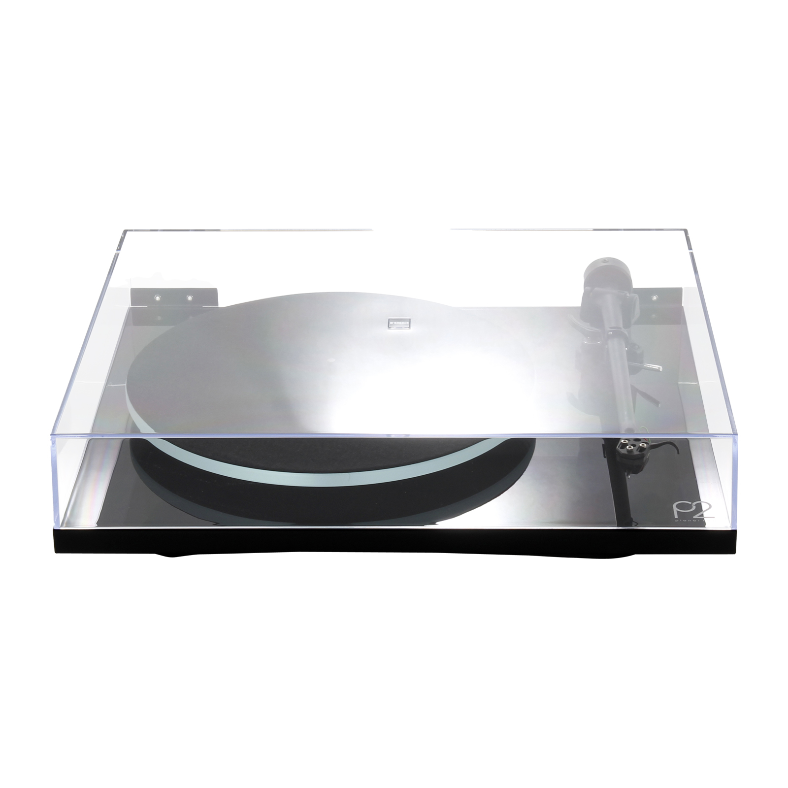Gloss Black Rega Planar 2 Turntable front view with dustcover