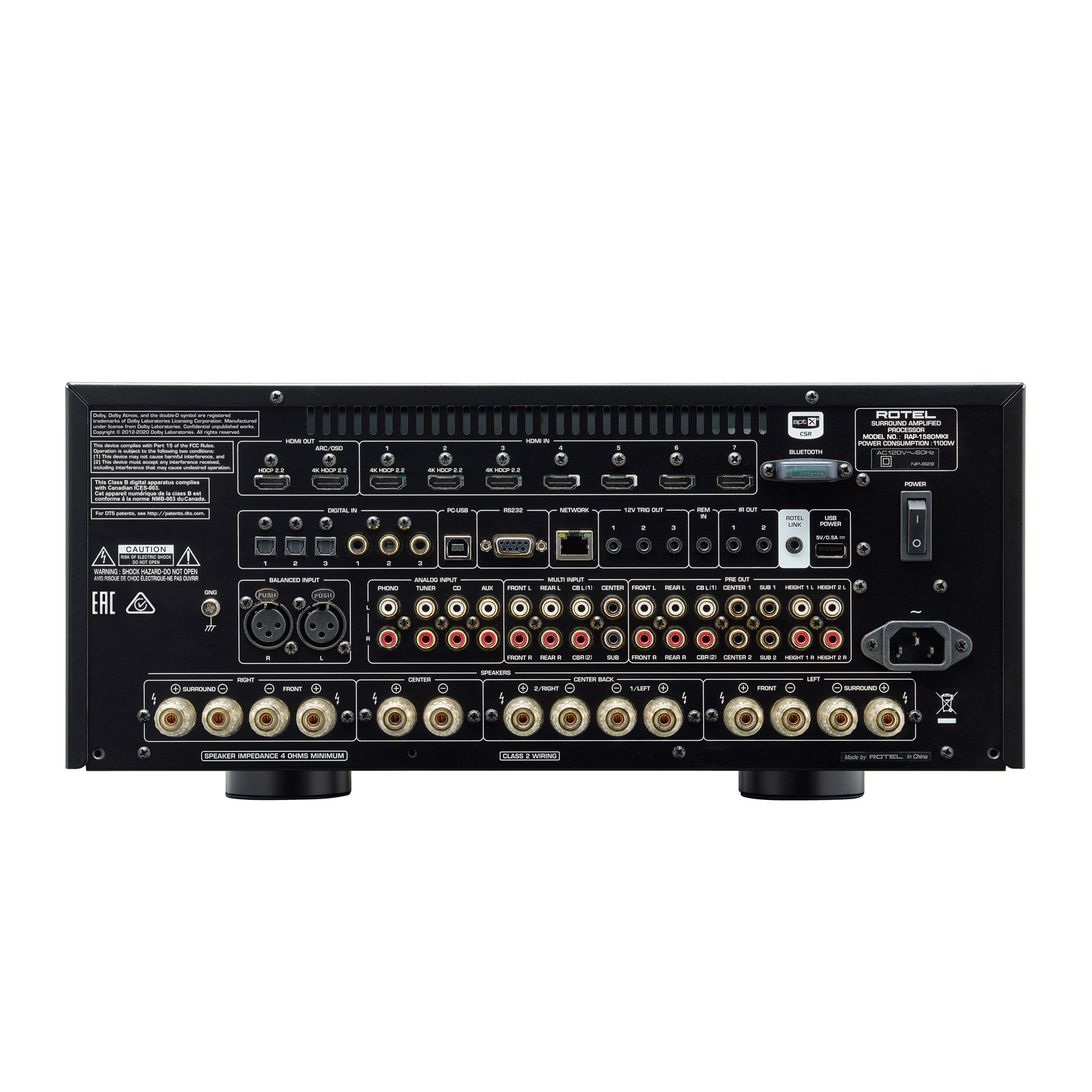 Back of Rotel RAP-1580 Amplified Surround Processor