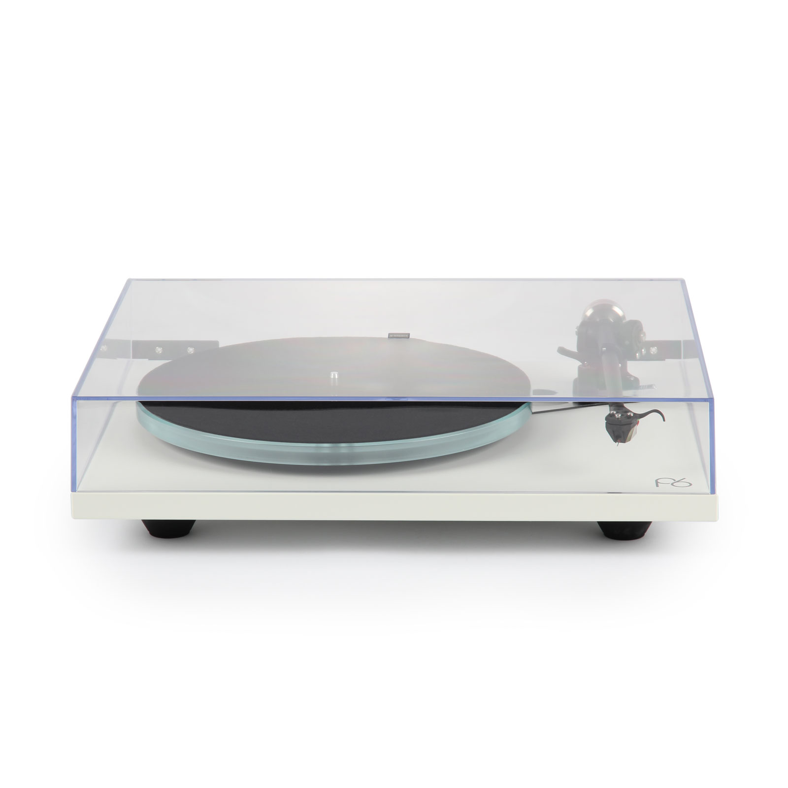 Right angle view Rega Planar 6 Turntable in White with the Nd7 Cartridge with record