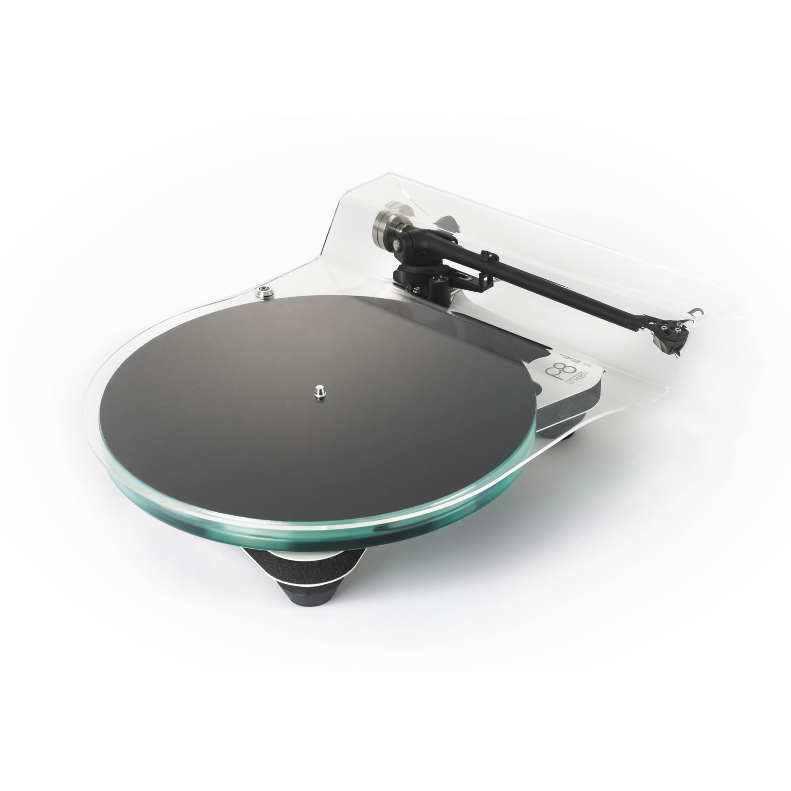 High right-angle view of the Rega Planar 8 turntable in White with a dustcover