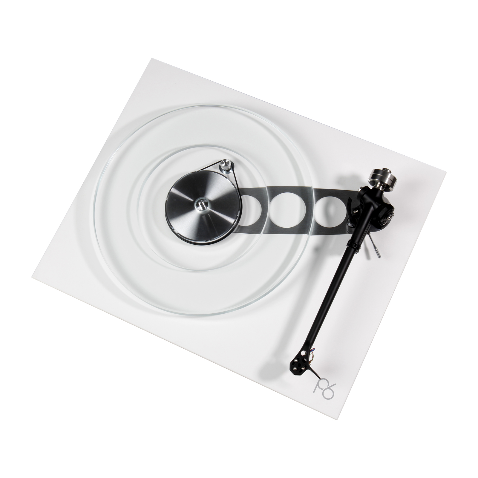 Angled top view of the Rega Planar 6 turntable in white