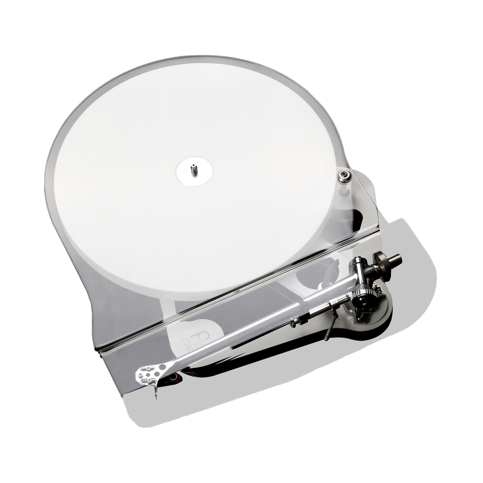 top dustcover view of white Rega Planar 10 with no cartridge
