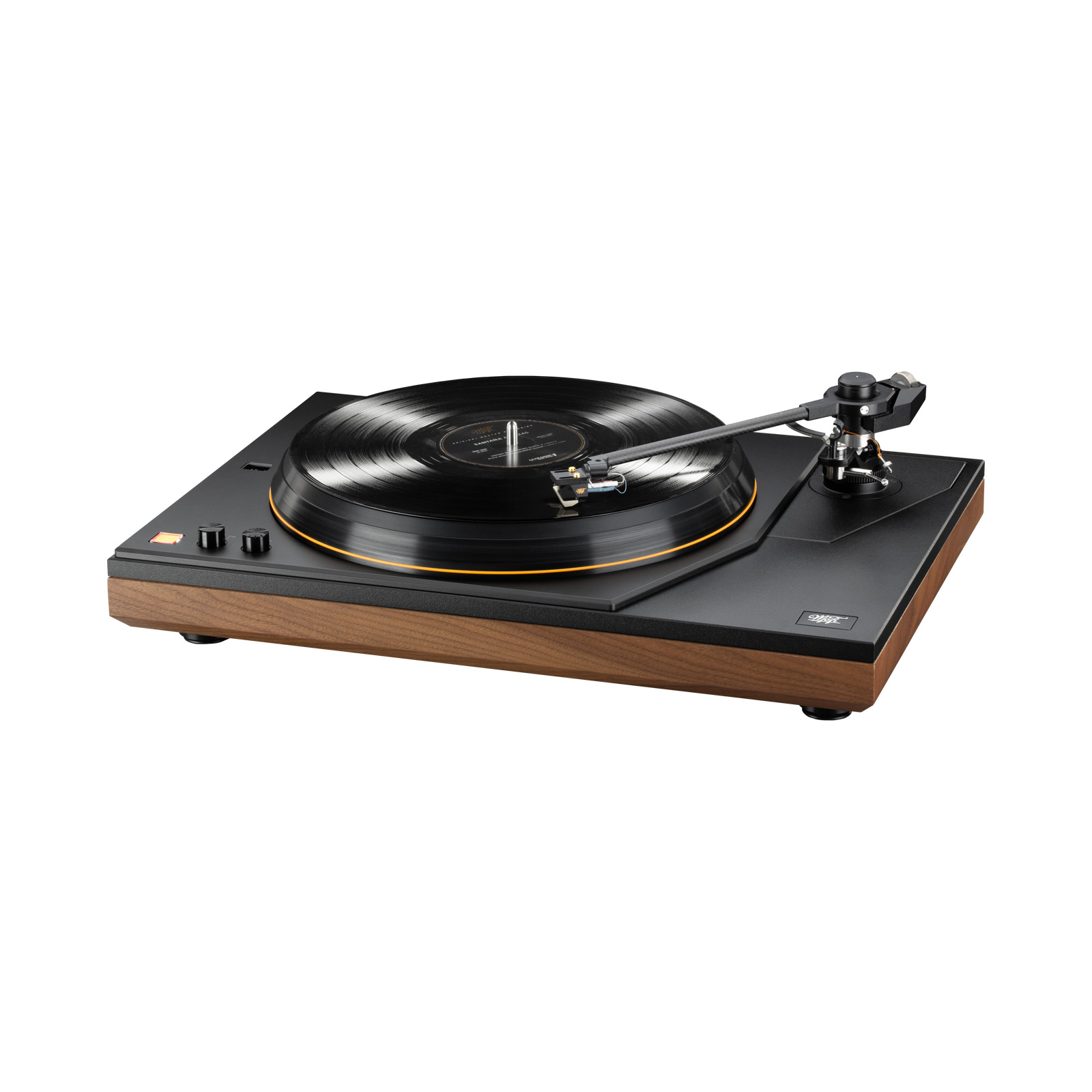 MoFi Electronics MasterDeck Turntable in Walnut front view with record