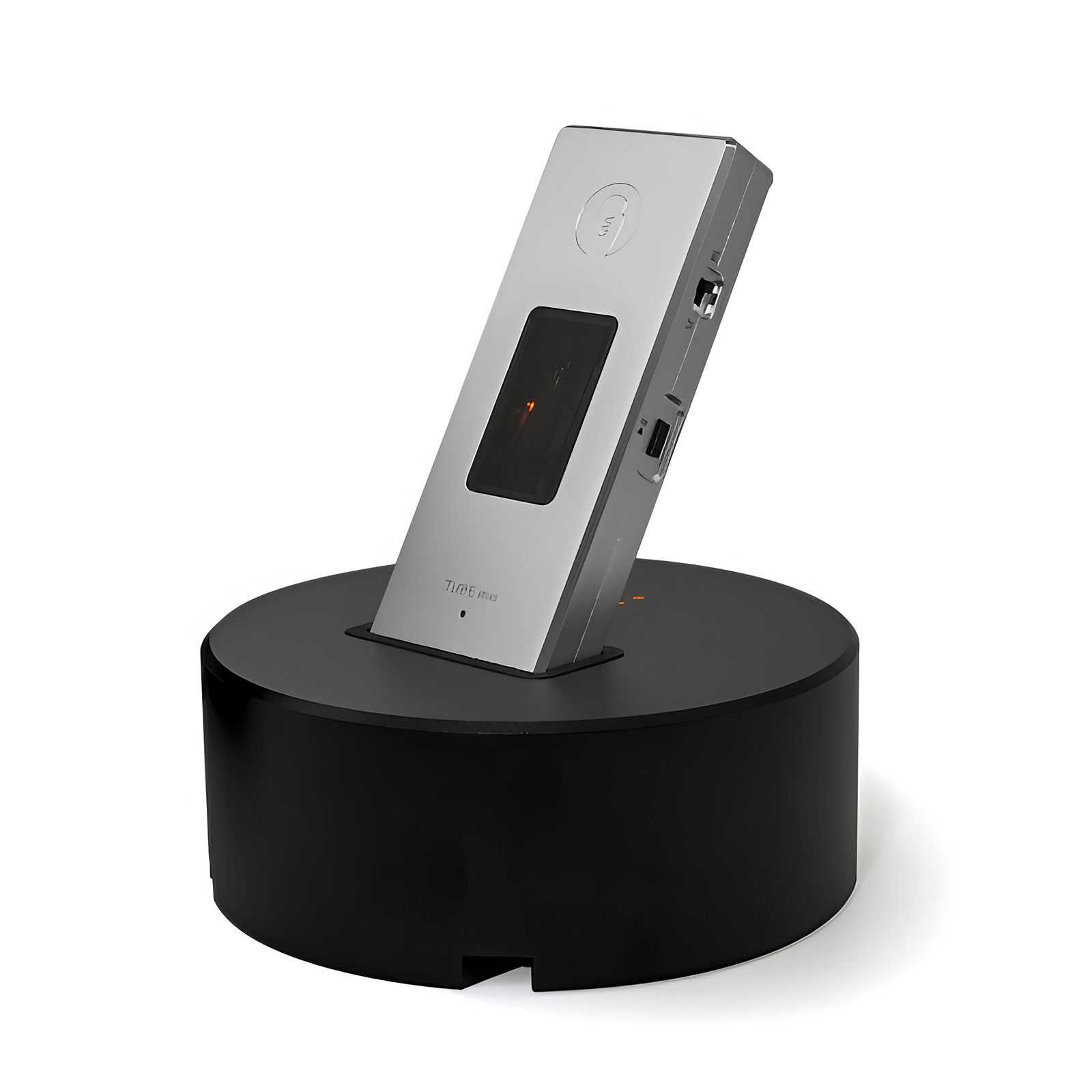 Woo Audio TUBE mini Balanced Headphone Amplifier and DAC - Silver on an angle in a stand