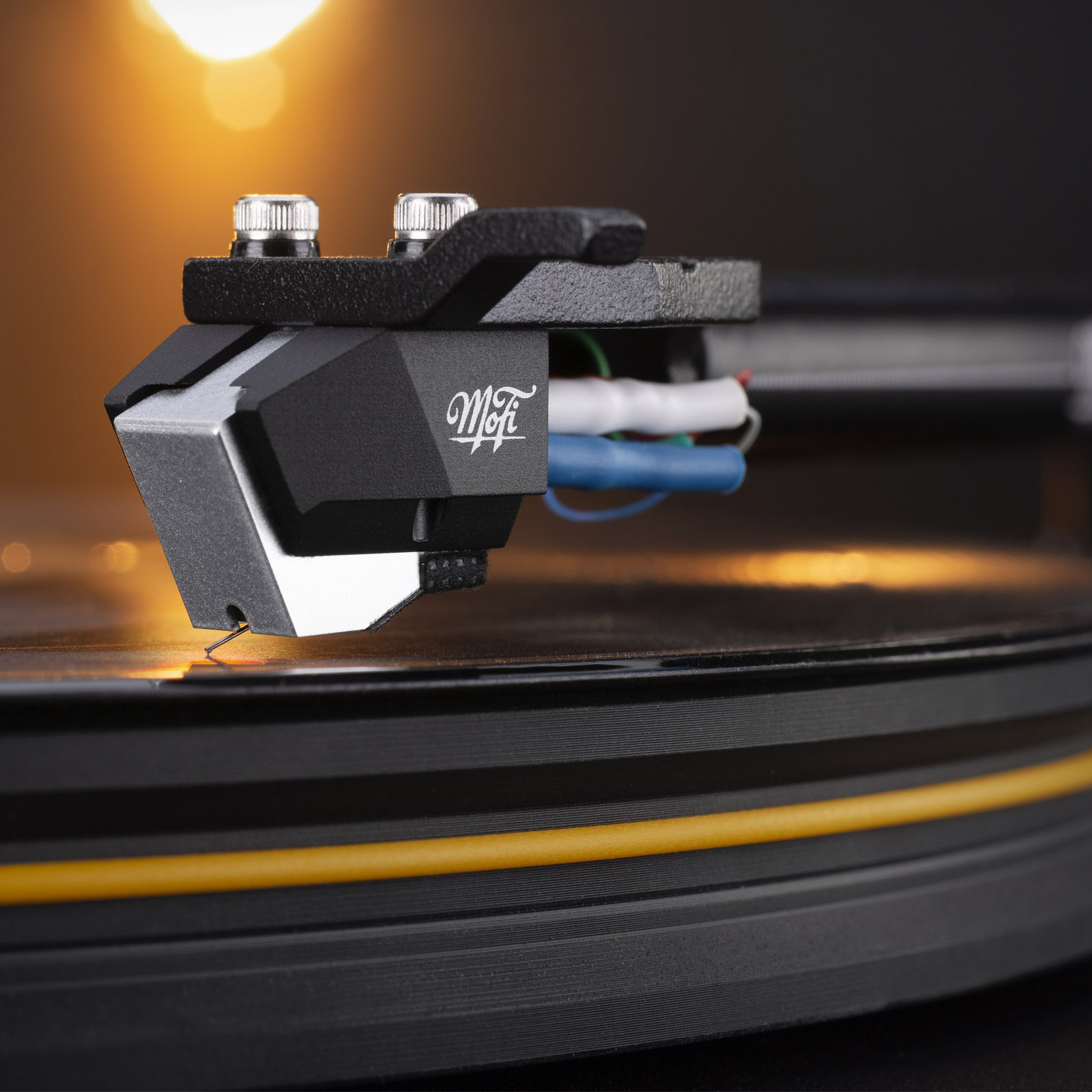 View of MoFi Electronics StudioSilver MC Phono Cartridge on a record