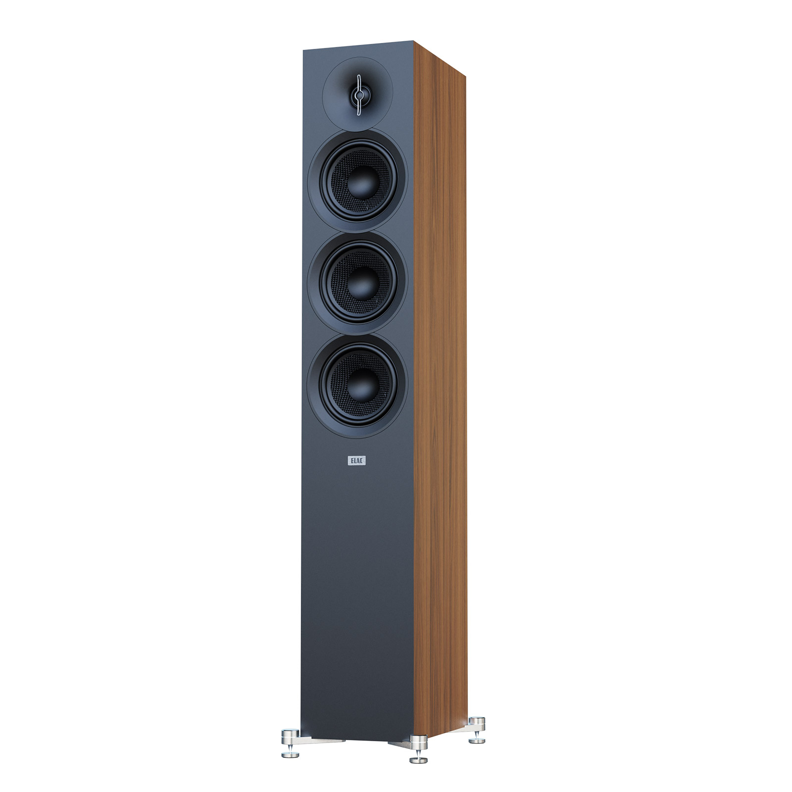 Angle view of walnut ELAC Debut 3.0 F5.3 Floorstanding Speaker