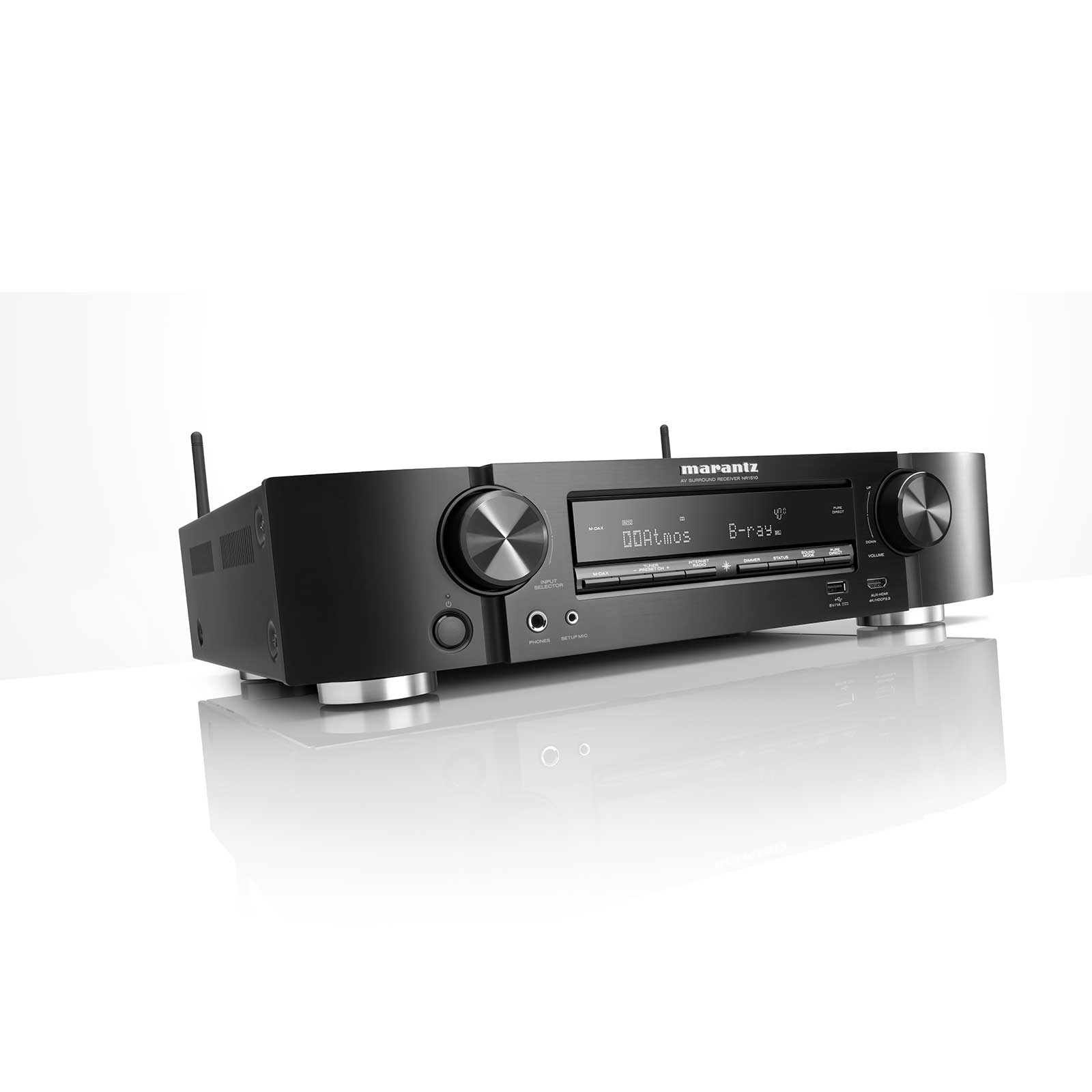 Angled studio shot of the Marantz NR1510 Slim Line Home Theater Receiver in black