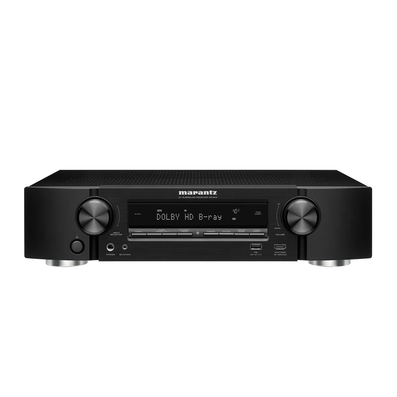 Front view of the Marantz NR1510 Slim Line Home Theater Receiver in black