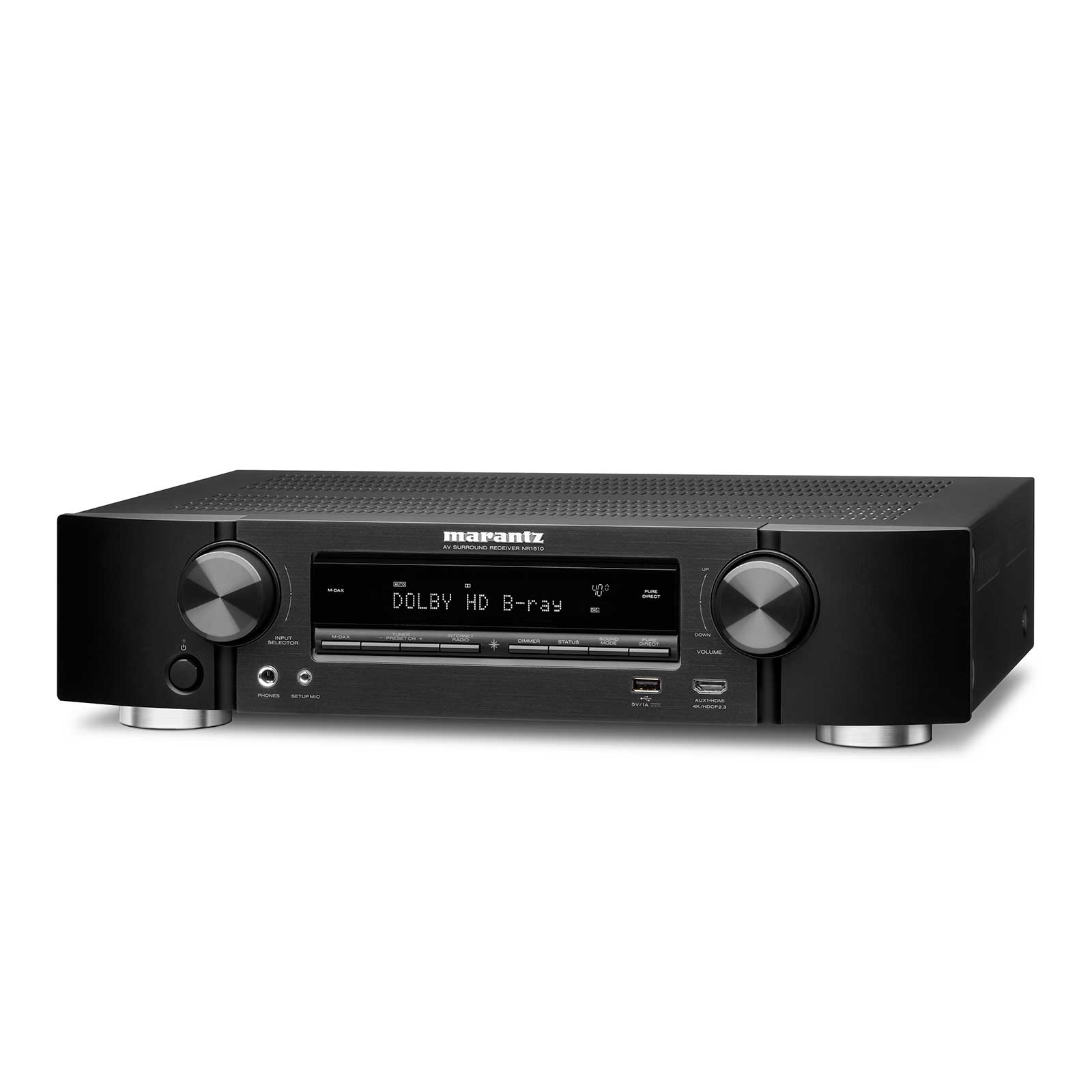 Angled view of the Marantz NR1510 Slim Line Home Theater Receiver in black