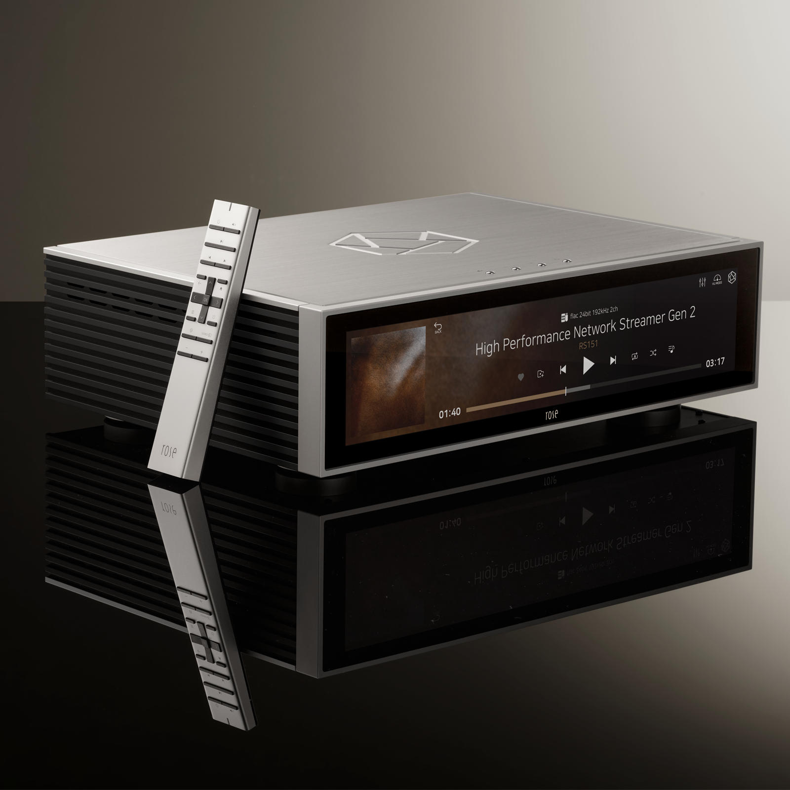 HiFi Rose RS151 High Performance Network Streamer Gen 2 lifestyle with remote