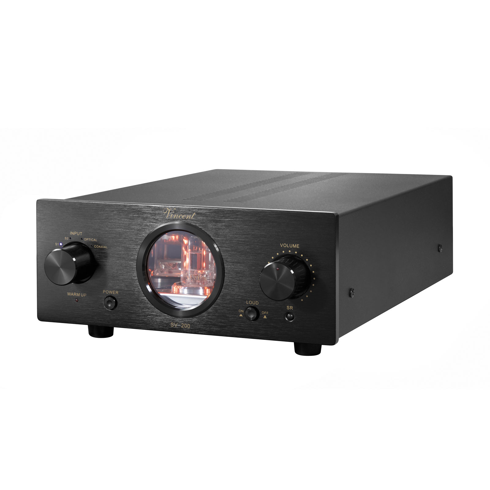 Left angled view of the Vincent Audio SV 200 Hybrid Integrated Amplifier in Black, tubes are glowing orange.
