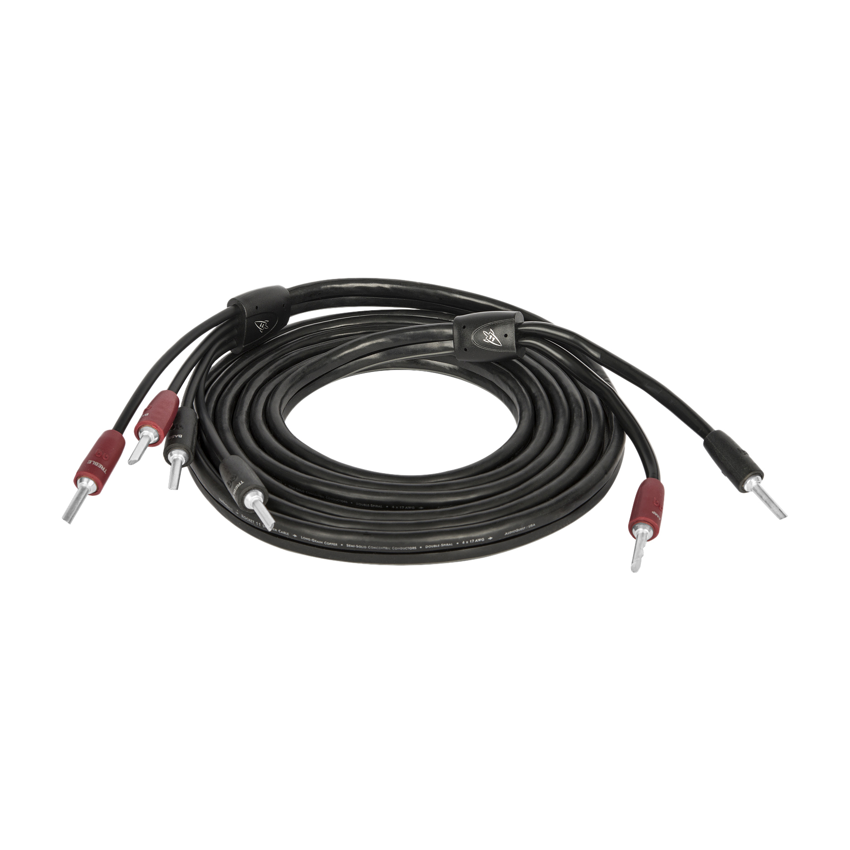 Coil of AudioQuest Rocket 11 Speaker Cable with BFA Banana to Banana Connections