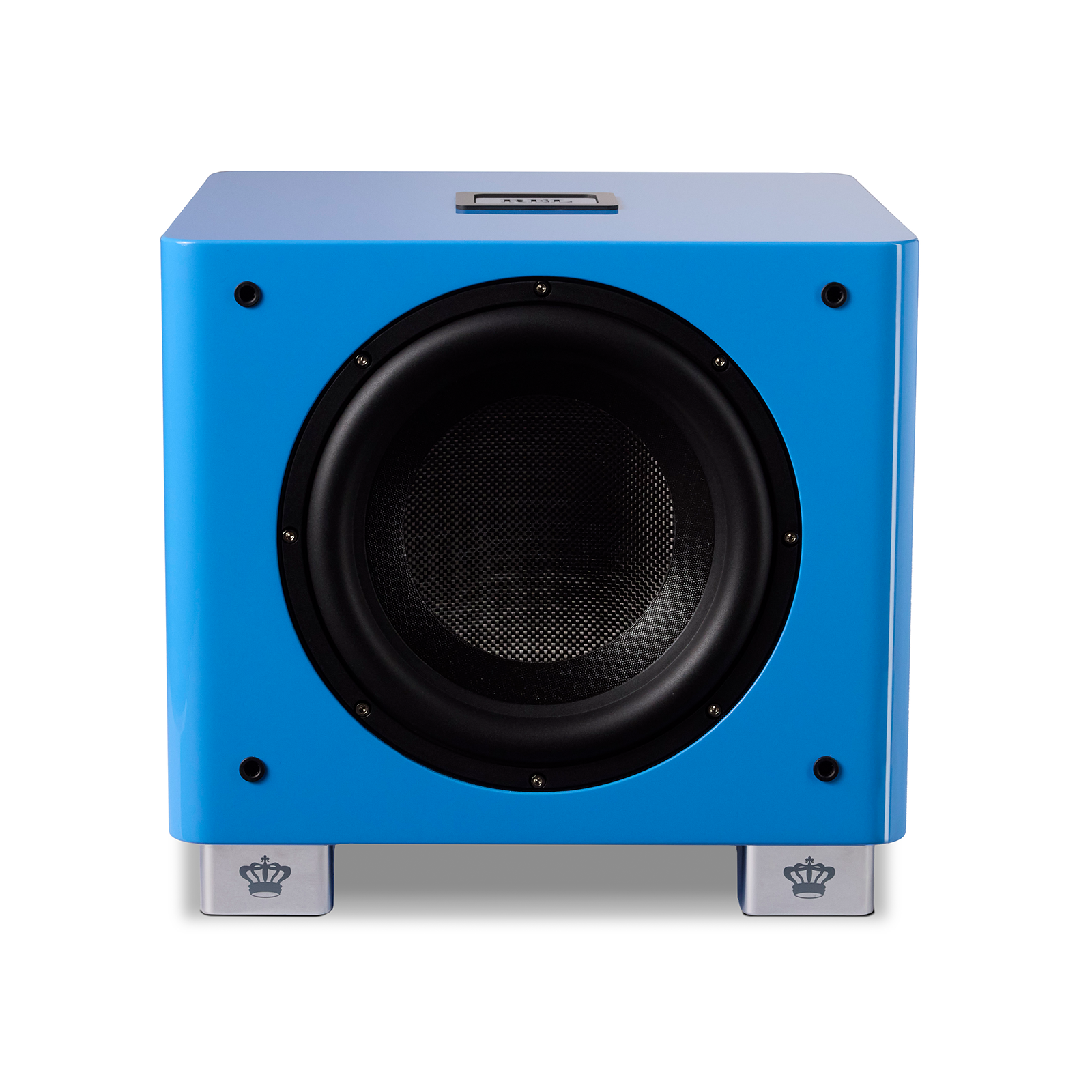 Front view of French Racing Blue REL Acoustics T/9x SE Powered Subwoofer