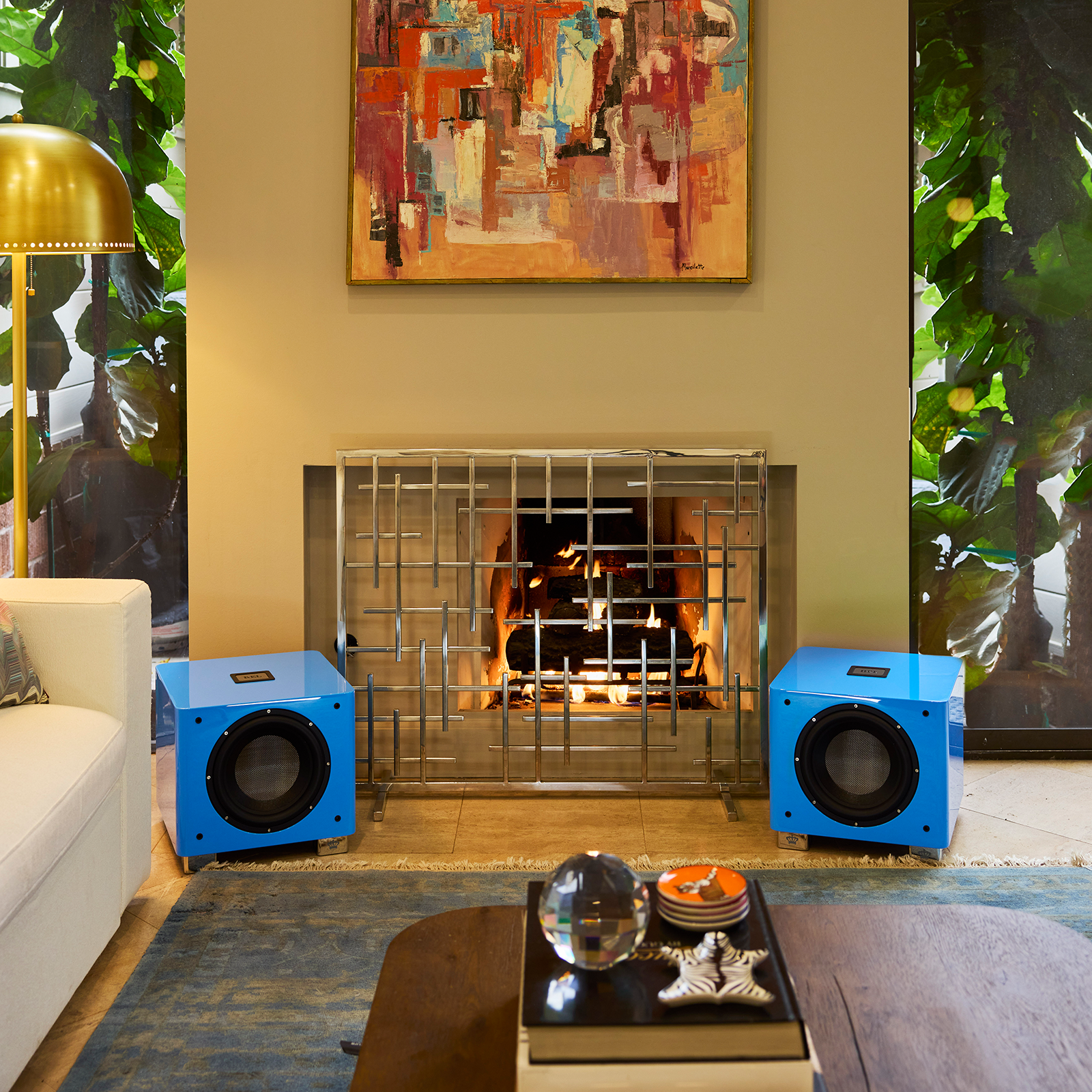 Lifestyle of French Racing Blue REL Acoustics T/9x SE Powered Subwoofer