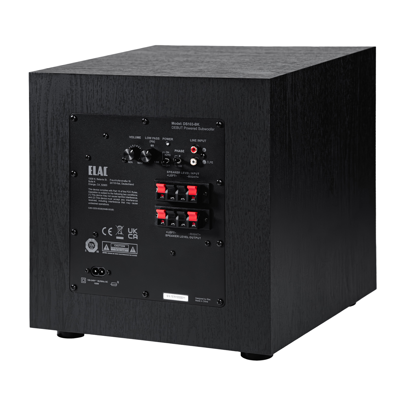 Back of ELAC DS123 - 12 Inch Powered Subwoofer