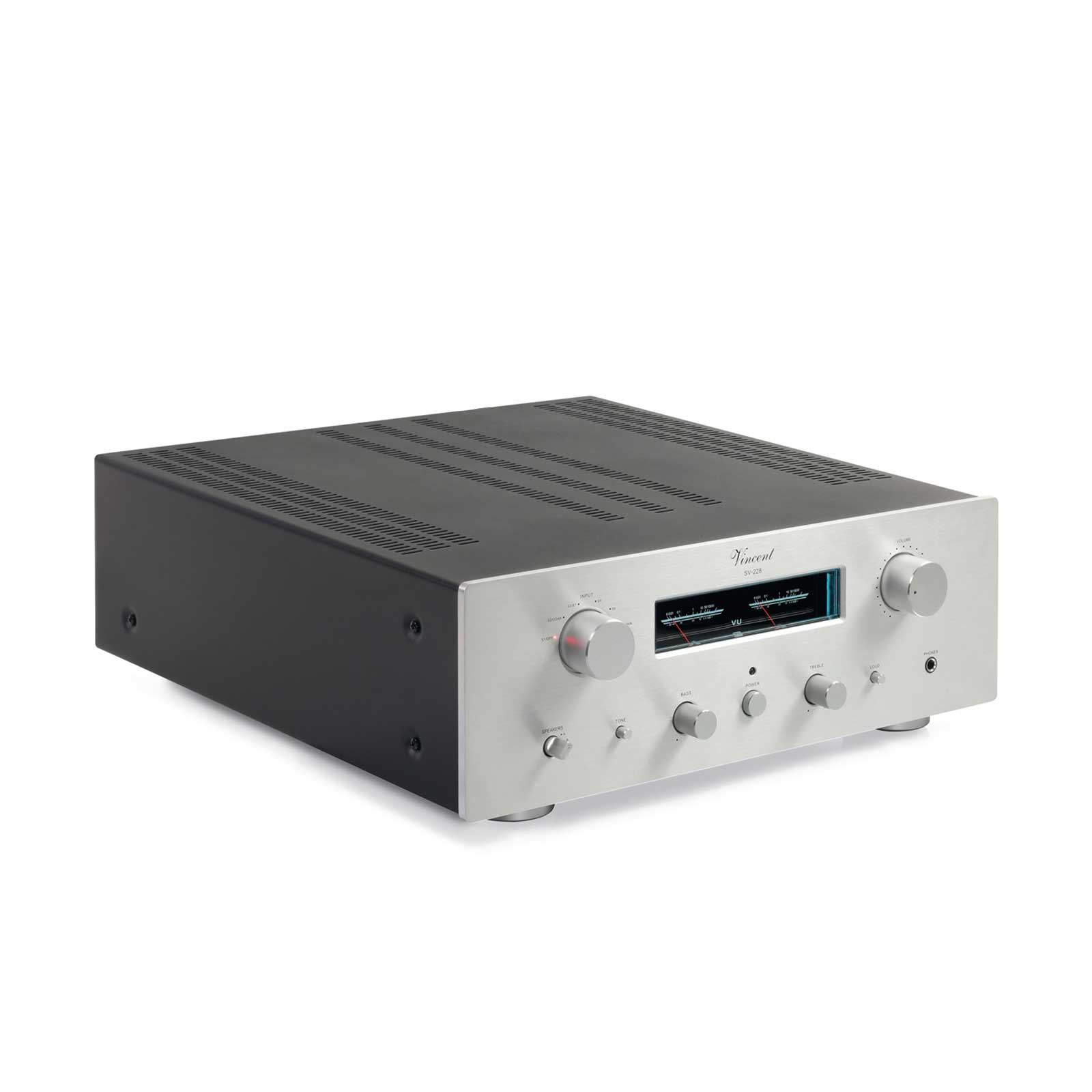 Right angle view of Vincent Audio SV-228 Hybrid Stereo Integrated Amplifier in Silver