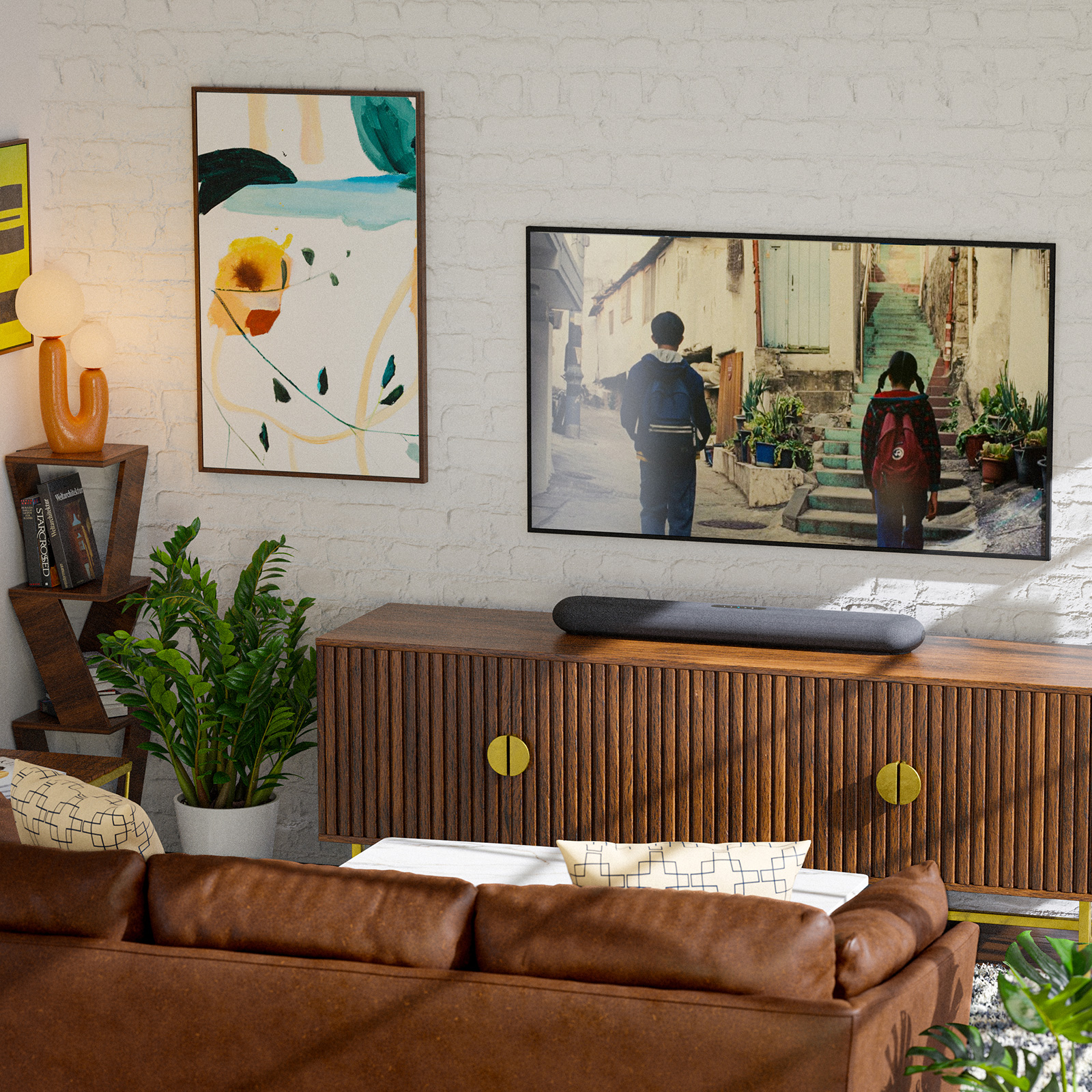 Lifestyle of Bluesound Pulse Cinema Mini Multi-Room Streaming Soundbar on cabinet.