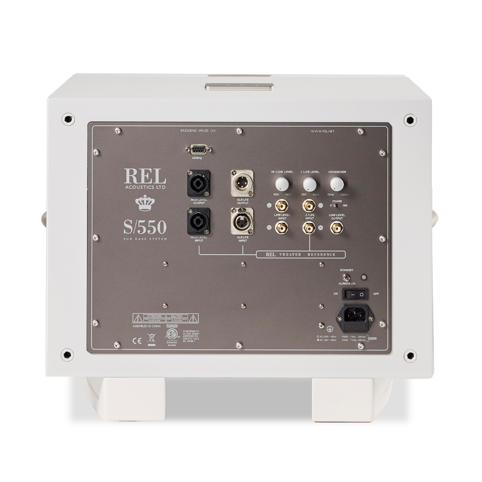 Back of REL Acoustics S/550 10 Inch Powered Subwoofer 