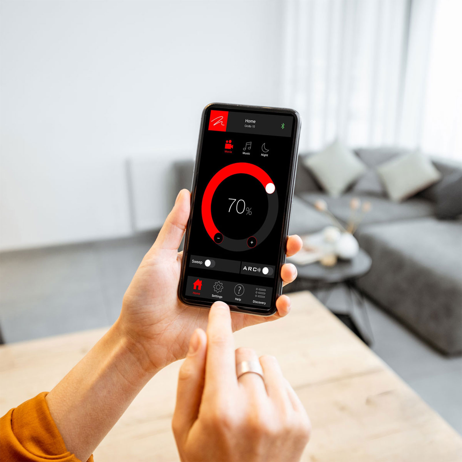 MartinLogan Subwoofer Control app interface showing EQ and crossover settings