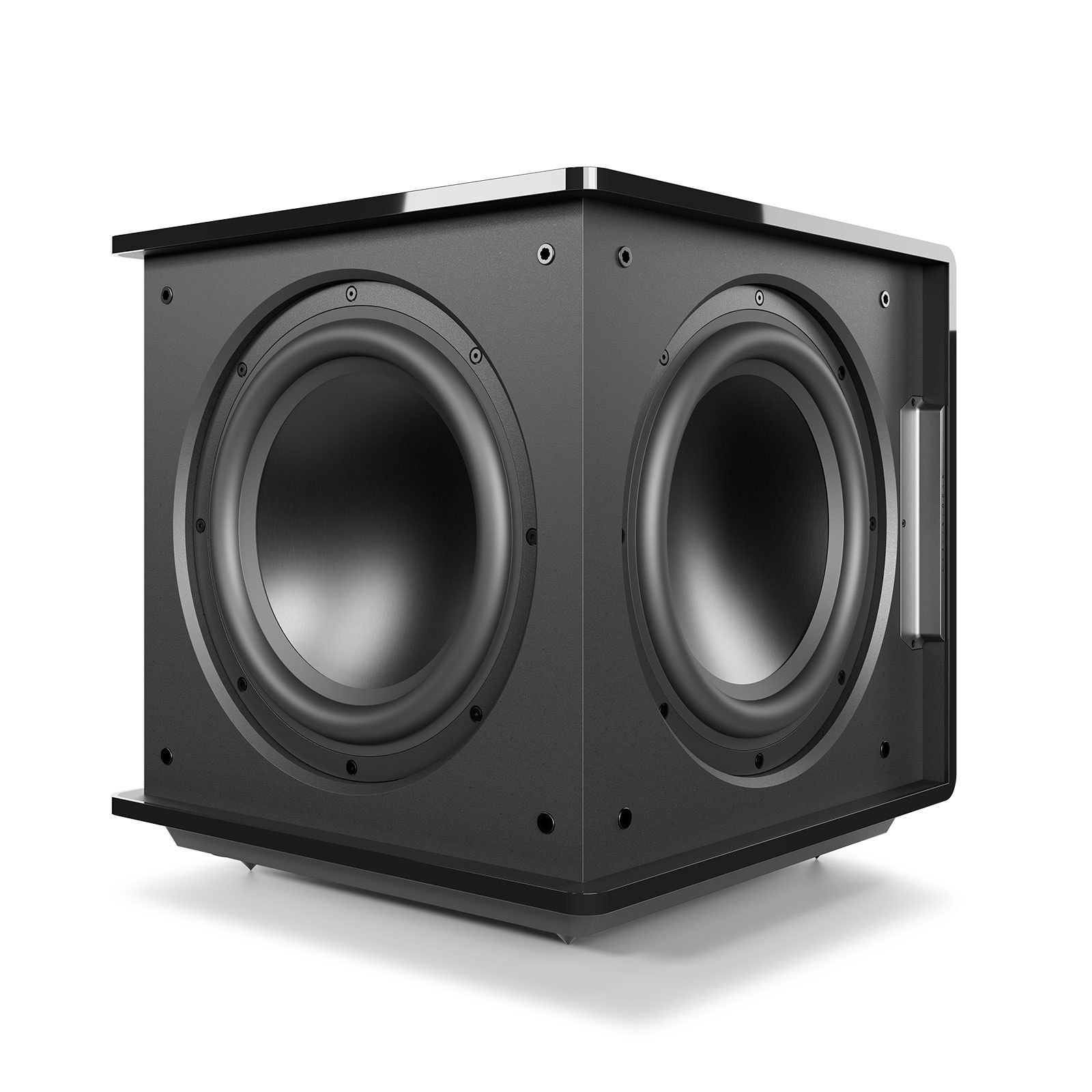 MartinLogan Grotto 12 powered subwoofer in gloss black finish, front-facing view with grille panels