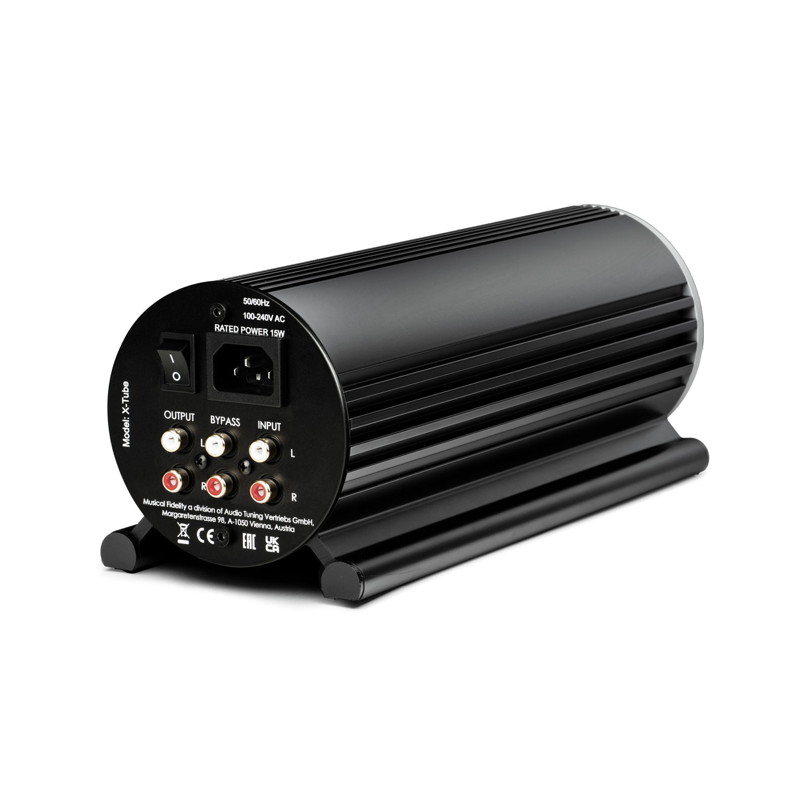 Musical Fidelity X-Tube rear panel with RCA input, output, bypass, and IEC power inlet