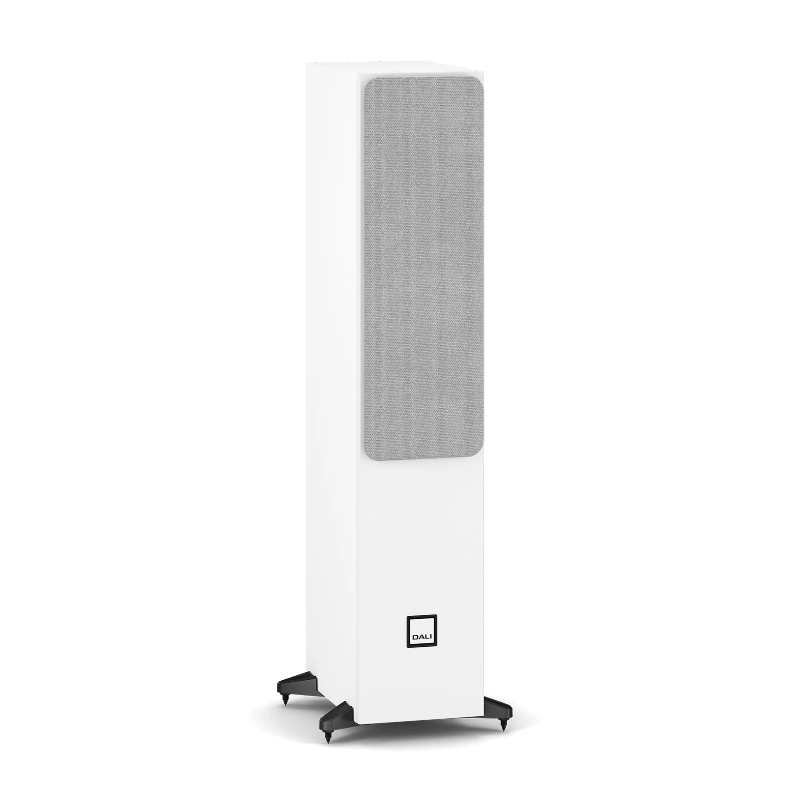 Front angle view of White DALI SONIK 5 Tower Loudspeaker with Grill