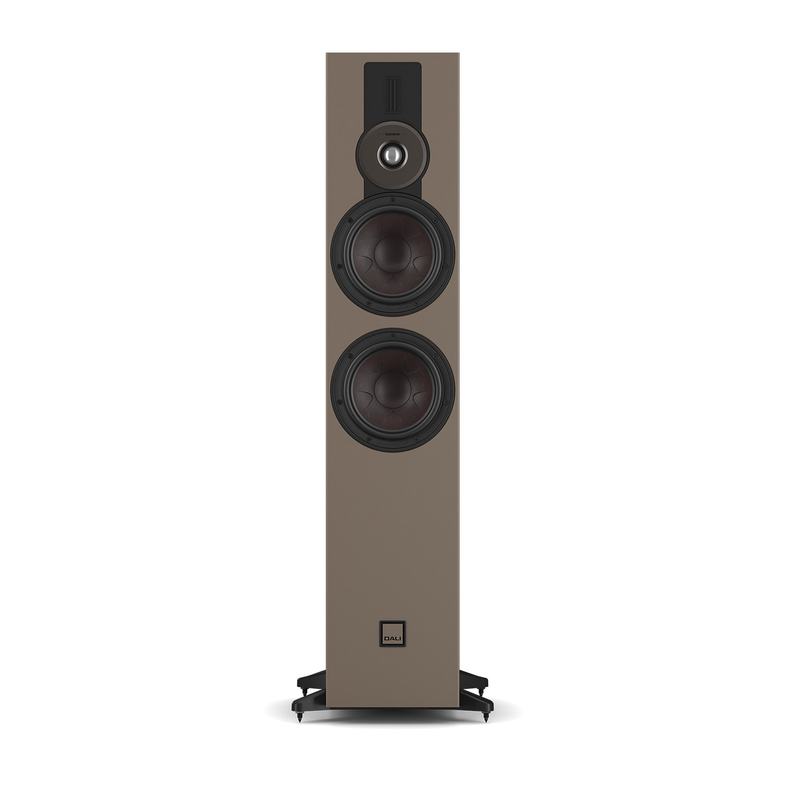 DALI SONIK 7 floorstanding tower loudspeaker in walnut — front view showing dual 7-inch woofers and Hybrid Tweeter module"
