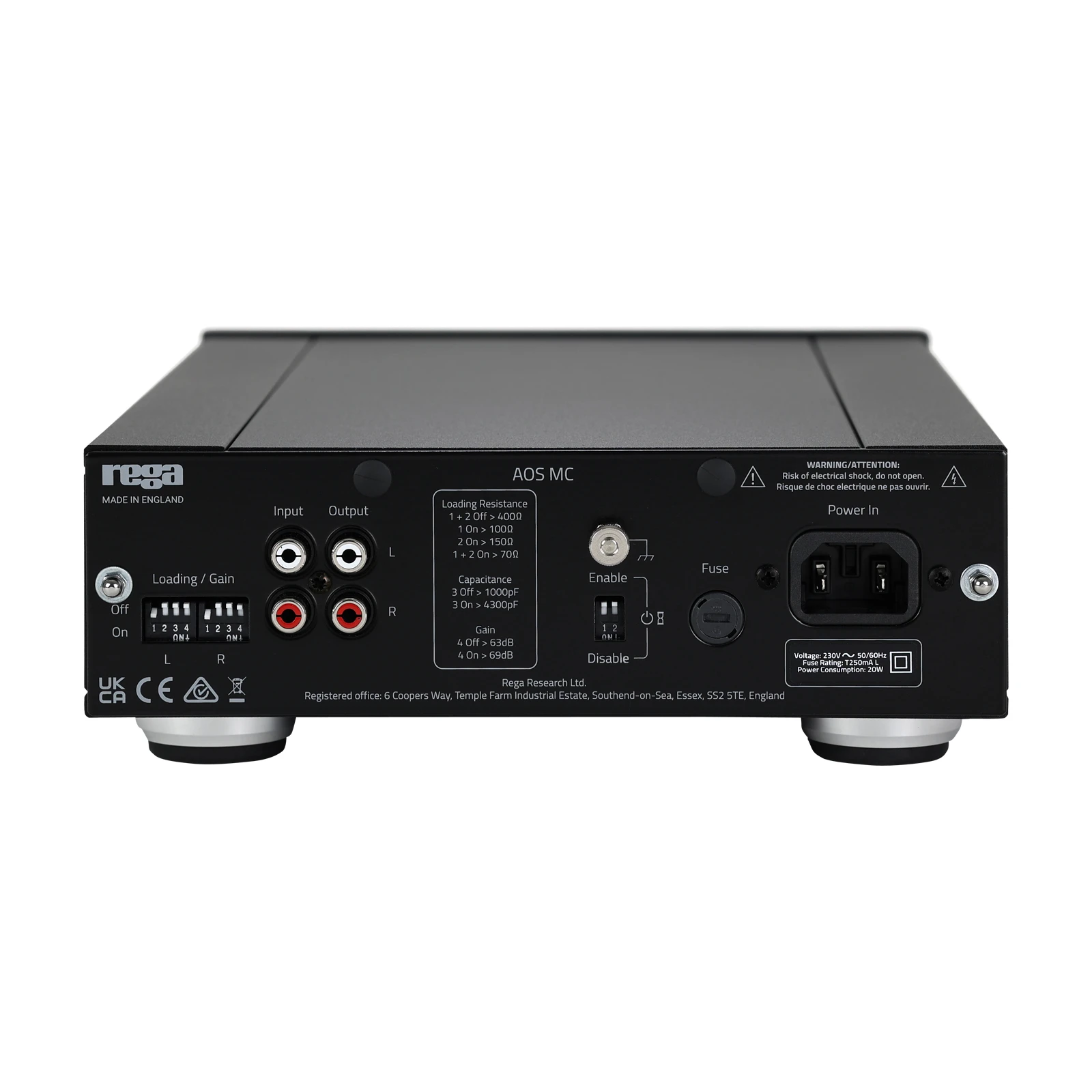 Rega AOS MC phono preamplifier rear panel showing RCA inputs and outputs