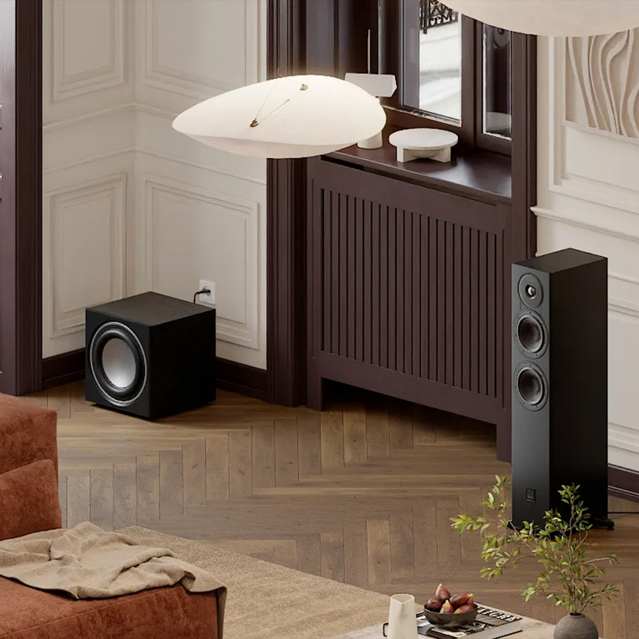 Black Ash DALI SONIK 5 Tower Loudspeaker in living room.