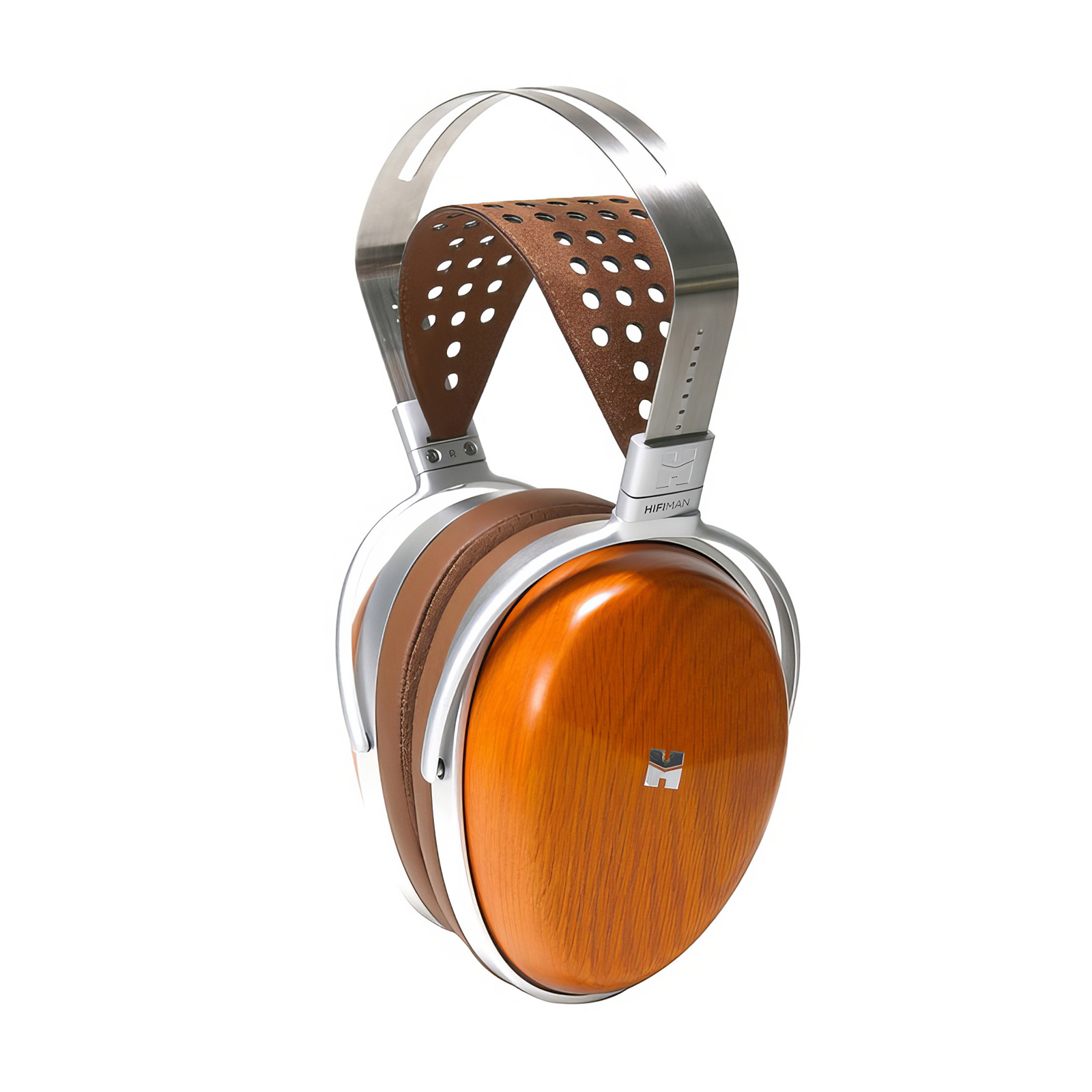 HiFiMAN Audivina headphone showing hand-polished CNC metal headband and leatherette earpads